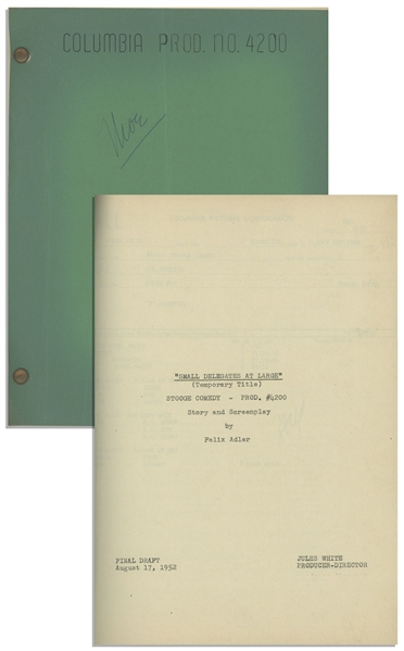 Moe Howards 25pp. Script for the Stooges 1952 Film Three Dark Horses -- Signed by Moe on Cover & With His Edits, Some Signed -- Plus 12pp. of Script Changes, Call Sheets, Shot Lists -- Very Good